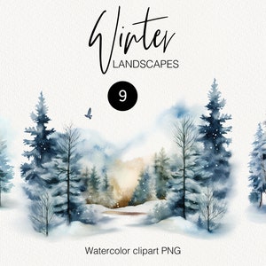 Watercolor Winter clipart, Forest Landscape, Christmas Snowy Pine Trees, Sceneries, Winter Nature, INSTANT Download Commercial use PNG