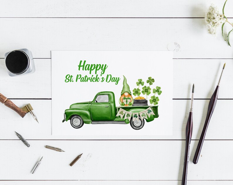 Watercolor St Patrick's Day Clipart, Vintage Green Truck, Cute Gnome ...