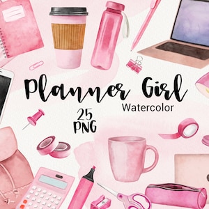 Planner girl aquarela clipart, Material escolar Clipart, Volta às aulas, acessórios de moda rosa, Livros, Download instantâneo PNG DIY