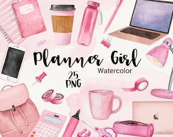 Planner girl watercolor clipart, School Supplies Clipart, Back to School, pink fashion accessories, Books, Instant Download PNG DIY