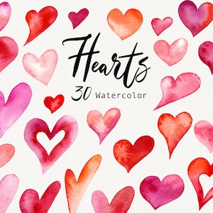 Clipart aquarelle coeur Saint Valentin. Coeurs roses et rouges peints à la main, clipart mariage amour. Kit Scrapbooking Saint-Valentin DIY