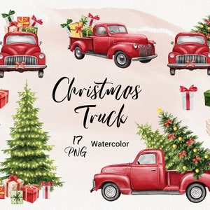 Camion di Natale ad acquerello, pickup rosso vintage con alberi e clip art da regalo, albero invernale sempreverde, decorazione di Capodanno, auto per le vacanze PNG