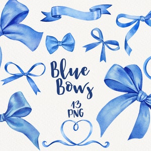 Watercolor Blue Bows Clipart. Handpainted. Silk bow, romantic, quote posters, ribbons, invitations, greeting card, Commercial use PNG