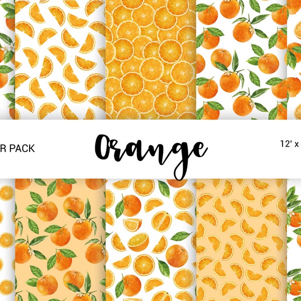 Watercolor Oranges Digital paper, seamless patterns, Oranges fruit clipart, citrus, Invitation Wedding Citrus Scrapbook 12''x12'' JPG