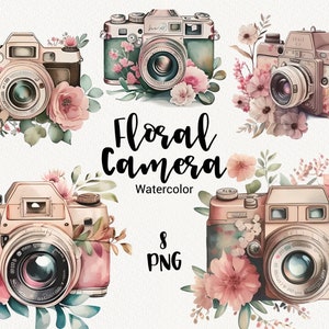 Può includere: Otto illustrazioni ad acquerello di macchine fotografiche vintage decorate con fiori rosa e bianchi. Il testo "Floral Camera Watercolor" è scritto in nero sotto le immagini. Il testo "8 PNG" è scritto in nero sotto il testo.