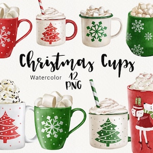 Bonbons de Noël Clipart, Aquarelle Café Clipart, Chocolat chaud, Winter Cozy Cups, canne à bonbons, Biscuits au pain d’épice, Téléchargement instantané PNG
