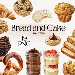Clipart torta acquerello, clipart di cottura, clip art di dessert, biscotti al cioccolato, pane, croissant, illustrazione di cibo, compleanno, set di pianificatore PNG