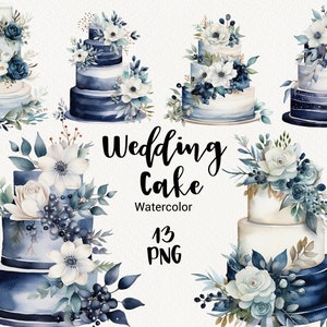 Aquarell Hochzeit Clipart, Winter Farbe Kuchen, Braut Blau und Weiß Blumen Kuchen, Essen Bäckerei, süße Hochzeitselemente, Süßigkeiten druckbar, PNG
