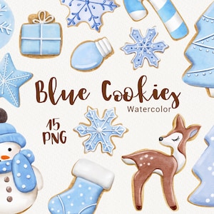 Weihnachten süße Plätzchen Clipart, Aquarell blau Lebkuchen, Süßigkeiten, Schneeflocke, Winter Clipart, gemütlicher Urlaub, Planer, scrapbooking PNG