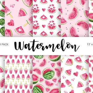 Acuarela Watermelon papel digital, Fruta tropical verano seamless paper pack 13''x13'' JPG. Juego de papel imprimible de descarga digital