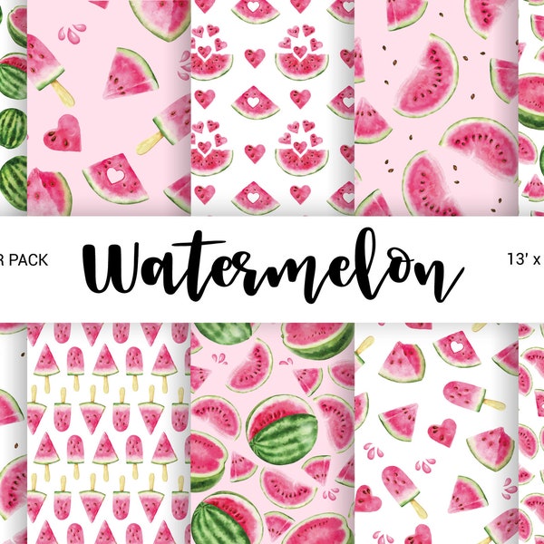 Watercolor Watermelon digital paper, Fruit tropical summer seamless paper pack 13''x13'' JPG. Digital download printable paper set