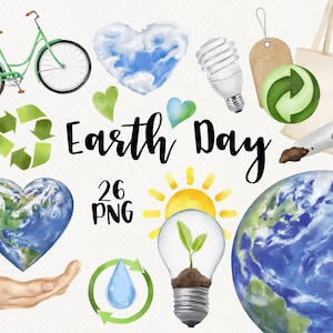 Aquarel Earth Day clipart, ecologische pictogrammen, groen clipart, Love Earth, Globe, Eco, Save Energy, bord hergebruik, biologische posters png PNGEgg