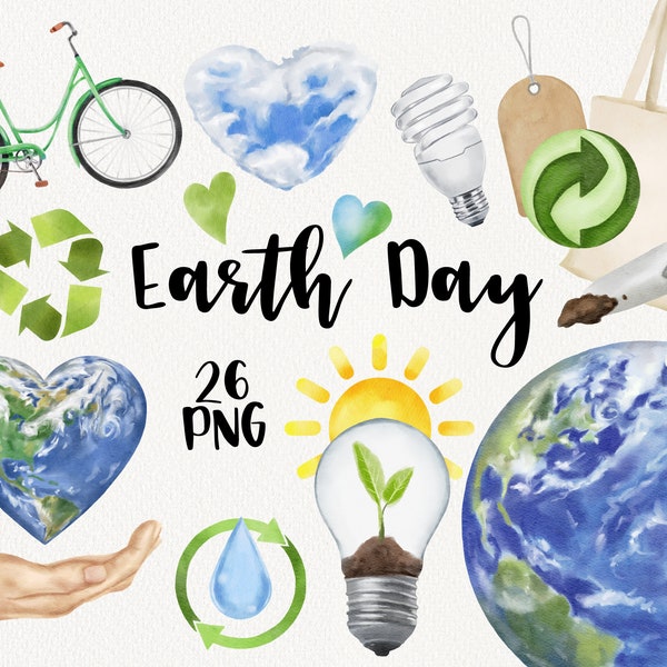 Watercolor Earth day clipart, ecological icons, greenery clipart, Love Earth, Globe, Eco, Save Energy, reuse sign, organic posters PNG