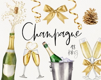 Champagne watercolor clipart, Gold Christmas clip art, Alcohol, Glasses and Bottles, New Year, Winter Holiday decor, Wedding invitation PNG