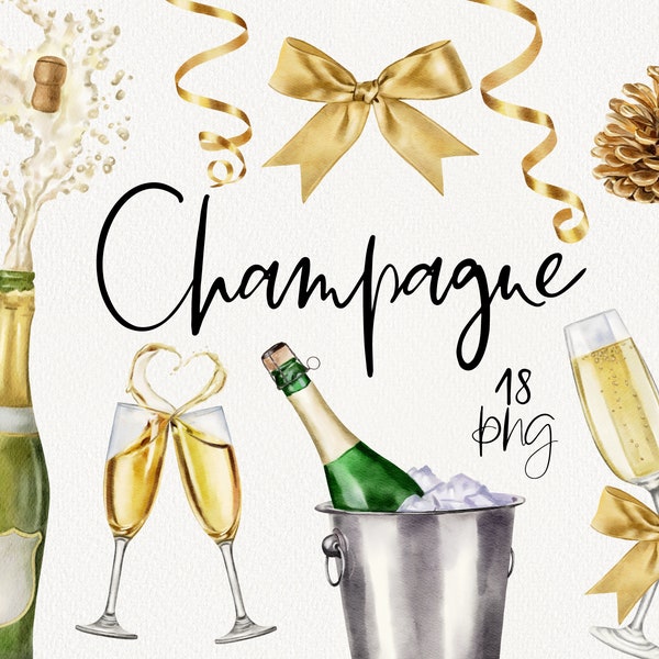 Champagne watercolor clipart, Gold Christmas clip art, Alcohol, Glasses and Bottles, New Year, Winter Holiday decor, Wedding invitation PNG