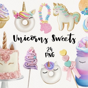 Unicorn Watercolor clipart, Donut Unicorn, Cupcakes, Sweets graphics, Kids Clip art, Cute Food Cake, Birthday Party,  Instant DownloadPNG