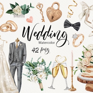 Aquarel bruiloft clipart, bruid glinsterende clip art, schattige liefde, huwelijksboog, bruiloft elementen, bruidstaart, ringen, net getrouwd auto, afdrukbare, PNG