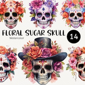 Watercolour Floral Sugar Skull Clipart, Day of the Dead Calavera Skull, Cute Skull, Dia de Los Muertos Party invitation Instant Download PNG
