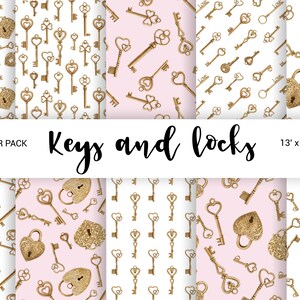 Valentines day digital paper pack, Watercolor Heart Keys and locks scrapbook seamless paper pack, Love Wedding vintage  13x13 JPG