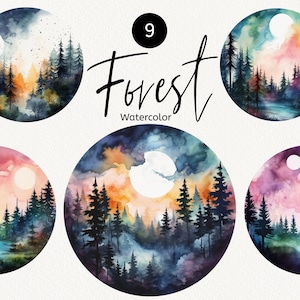 Clipart de floresta em aquarela, paisagem noturna, pinheiros, céu cósmico com a lua, composições redondas, download instantâneo, uso comercial PNG