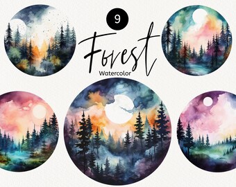 Watercolor Forest clipart, Night Landscape, Pine Trees, Cosmic Sky with the Moon, Round Compositions, INSTANT Download, Commercial use PNG