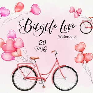 Aquarel Valentijnsdag clipart, fiets met ballonnen, hart ballonnen, fiets, huwelijksuitnodiging, liefde clipart, hart clipart, hart clipart png DIY