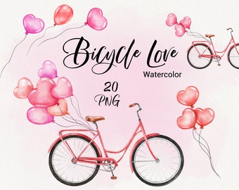 Watercolor Valentines day Clipart, Bicycle with Balloons, Heart balloons, Bike, wedding invitation, love clipart, heart clipart PNG DIY