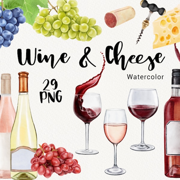 Watercolor Wine Clipart,  Alcohol party, Wine and cheese clip art, Glasses and Bottles, Celebration Holiday decor, Wedding invitation PNG