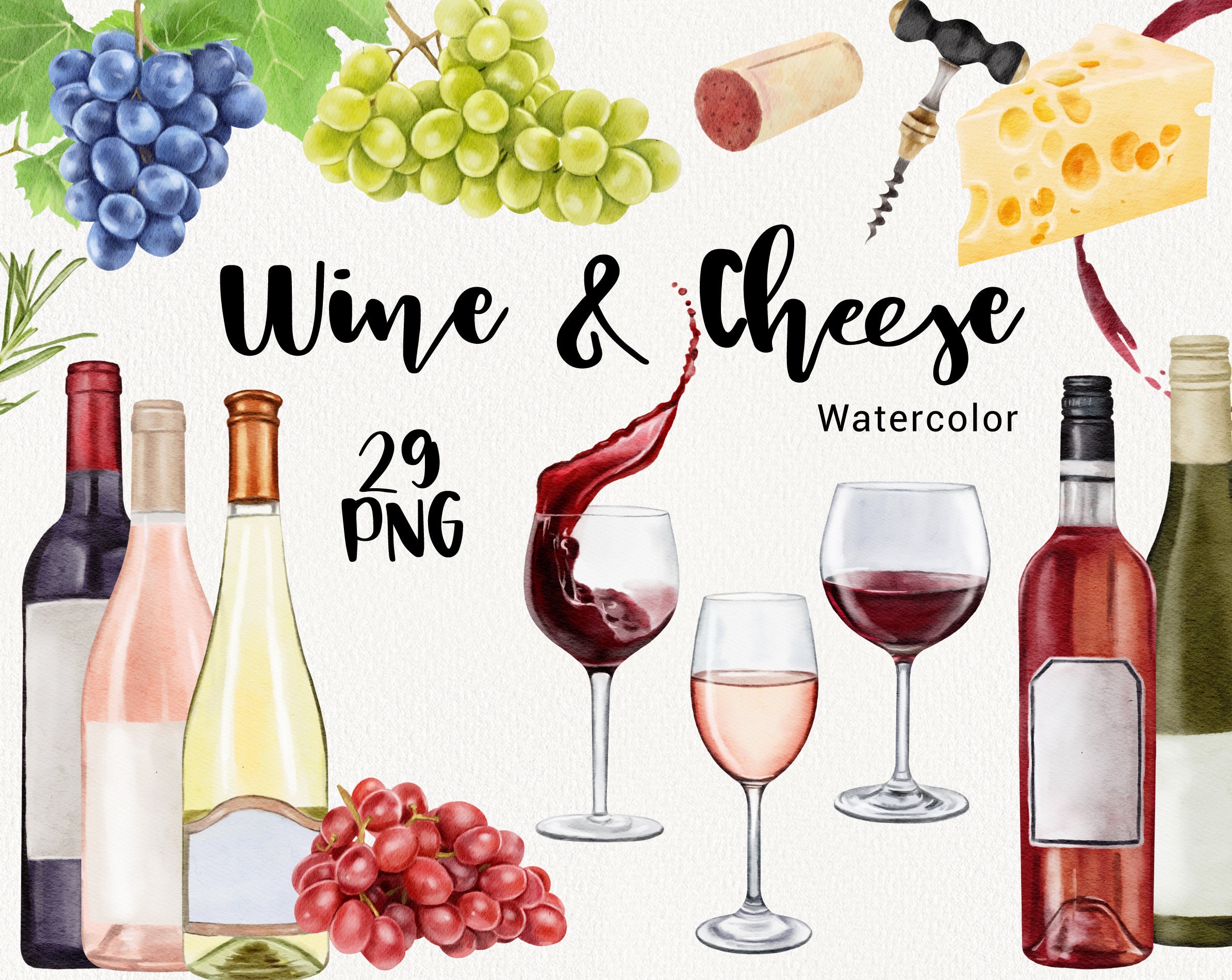 Watercolor Wine Clipart,  Alcohol party, Wine and cheese clip art, Glasses and Bottles, Celebration Holiday decor, Wedding invitation PNG