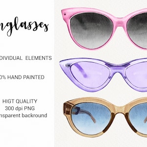 Sunglasses Watercolor clipart, Summer glasses Clip art, Travel, Fashion Beach, Heart sunglasses, Digital Scrapbooking, Planner Sticker PNG image 4