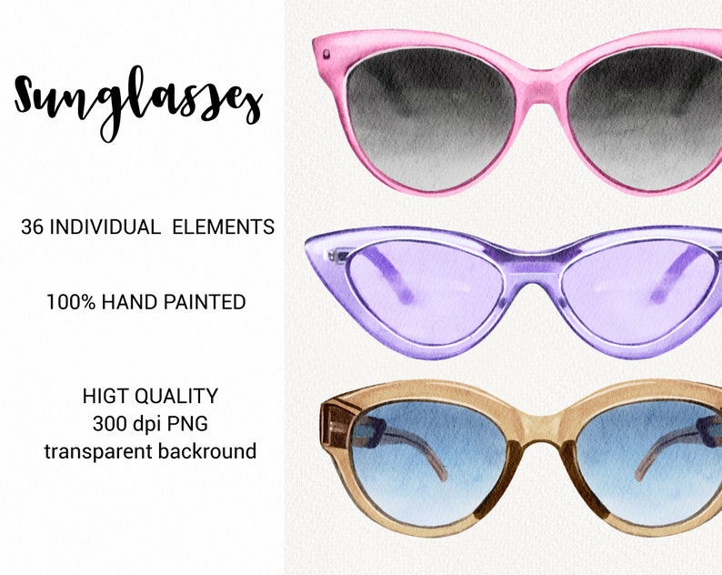 Sunglasses Watercolor clipart, Summer glasses Clip art, Travel, Fashion Beach, Heart sunglasses, Digital Scrapbooking, Planner Sticker PNG image 4