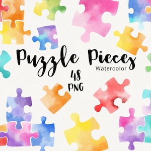 Aquarel puzzelstukjes clipart, kinderspeelgoed, regenboogpuzzel, leermiddelen, spelletjes, lerarenbenodigdheden, instant download, commercieel gebruik PNG