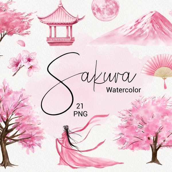 Cherry blossom clipart, Watercolor pink sakura tree, Mountain, Lantern, Umbrella, Floral, Wedding Invitation, baby shower, Mothers day PNG