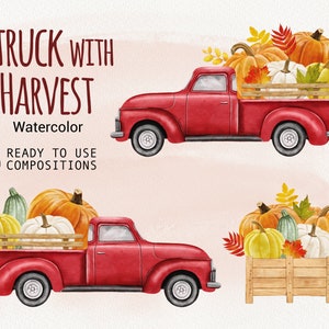Fall autumn truck clipart, Watercolor harvest car with Pumpkins, Autumn leaves, Hand painted floral clip art, Scrapbooking, Thanksgiving PNG
