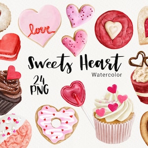 Aquarelle Saint-Valentin Clipart, clipart mignon amour bonbons, donut rouge, biscuit coeur, faire-part de mariage cupcakes, téléchargement immédiat PNG