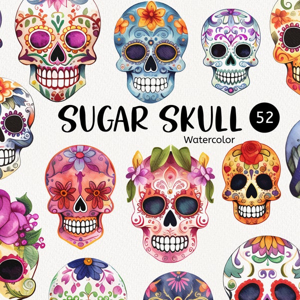 Watercolour Sugar Skull Clipart, Day of the Dead Calavera Skull, Cute floral Skull, Dia de Los Muertos Party invitation Instant Download PNG