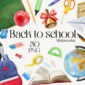 Watercolor Back to School Clipart, School Supplies Clip art, Autumn, Planner, Student, Backpack Pencil, Books, Instant Download PNG DIY