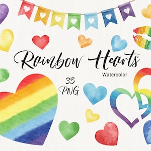 Clipart de corazón de acuarela, corazones de arcoíris coloridos del día de San Valentín, clip art de boda de primavera, clipart LGBT, bandera del orgullo, descarga instantánea PNG