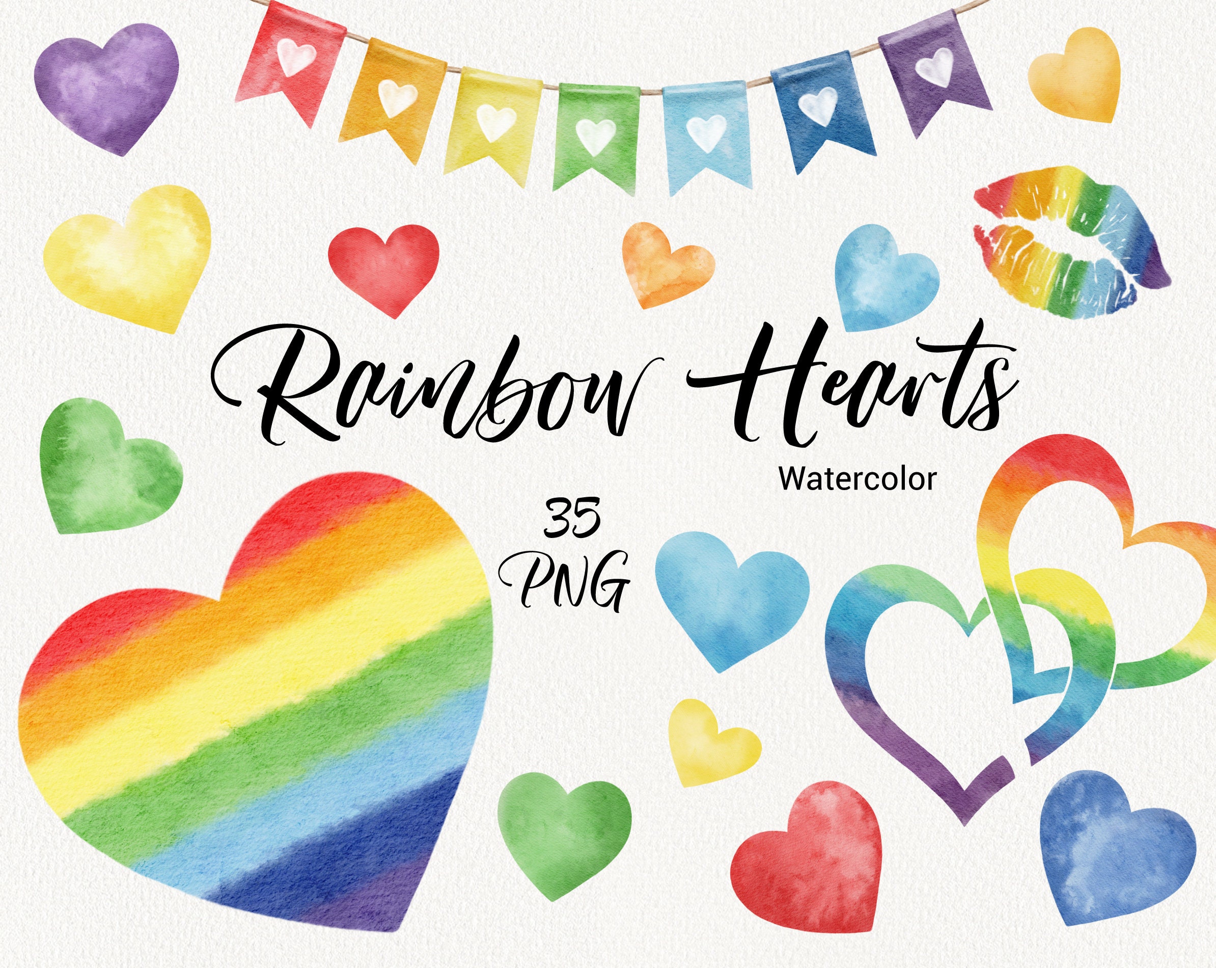 Clipart de coração em aquarela, corações coloridos de arco-íris para o dia dos namorados, clipart de casamento na primavera, clipart LGBT, bandeira do orgulho, download instantâneo PNG