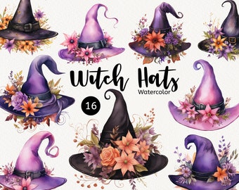 Watercolor Witch Hats Clipart, Cute Happy Halloween, Witches clip art, Spooky Graphics, Fall autumn, Instant Download Commercial Use DIY PNG