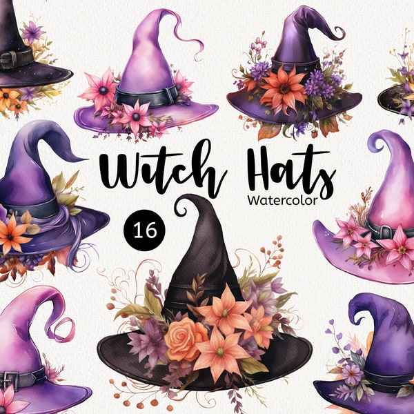 Watercolor Witch Hats Clipart, Cute Happy Halloween, Witches clip art, Spooky Graphics, Fall autumn, Instant Download Commercial Use DIY PNG