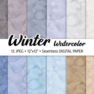 Winter Watercolor Digital Paper Pack, Abstract Watercolor Background, Seamless Pattern, Snow tones Soft Blue Texture Scrapbooking JPEG files