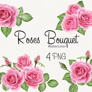 Clipart de rosas rosadas de acuarela, ramo de flores vintage PNG, clip art de arreglos florales, invitación de boda, scrapbooking, descarga instantánea