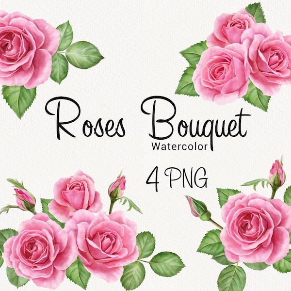Watercolor Pink Roses Clipart, Vintage Flower Bouquet PNG, Floral Arrangements clip art, Wedding Invitation, Scrapbooking, Instant Download