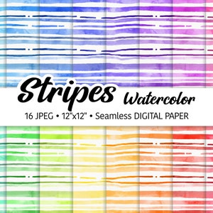 Watercolor Stripes Digital Paper Pack, Abstract Watercolor Textures, Seamless Pattern, Rainbow Tones, Rainbow Background, Brush, JPEG files