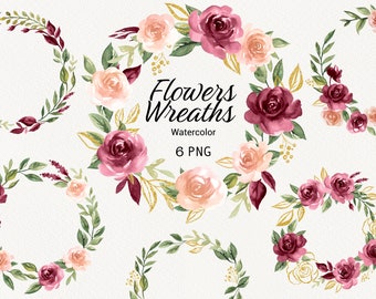 Watercolor Boho Flower Wreath Clipart, Burgundy red rose, peony and greenery, wedding frame clip art, Marsala blush pink floral PNG DIY