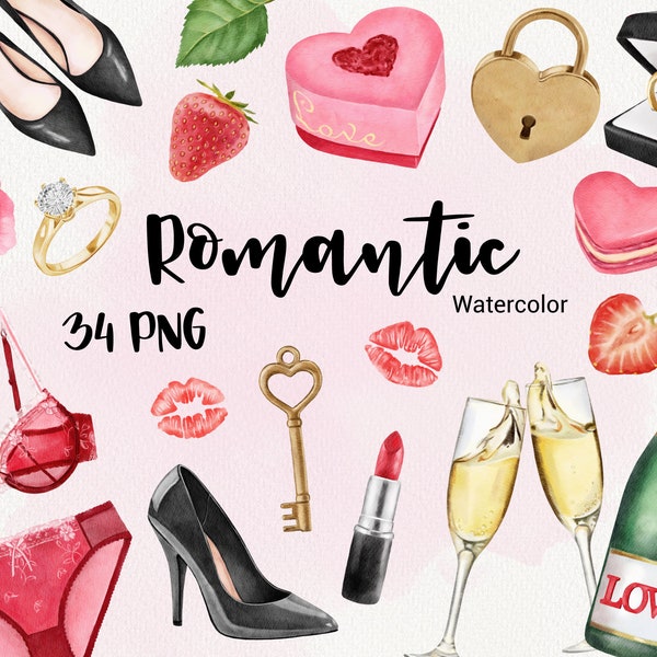 Watercolor Valentines day Clipart, Cute Romantic Love Clip Art, Wedding, Fashion Lingerie, Roses, Champagne, Ring, Instant Download PNG