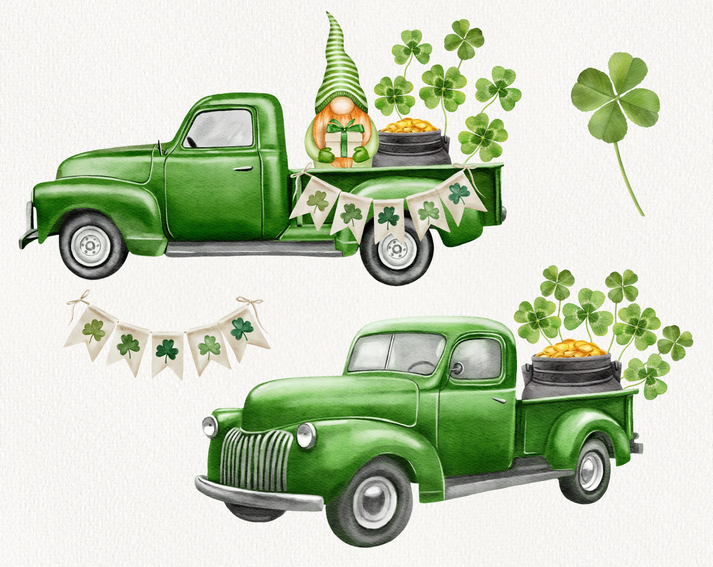 Watercolor St Patrick's Day Clipart, Vintage Green Truck, Cute Gnome ...