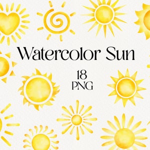 Acuarela Sol Clipart, Sol Amarillo PNG, Clip Art de Verano, Guardería, Decoración de Vacaciones, Invitación, Descarga Instantánea Uso Comercial