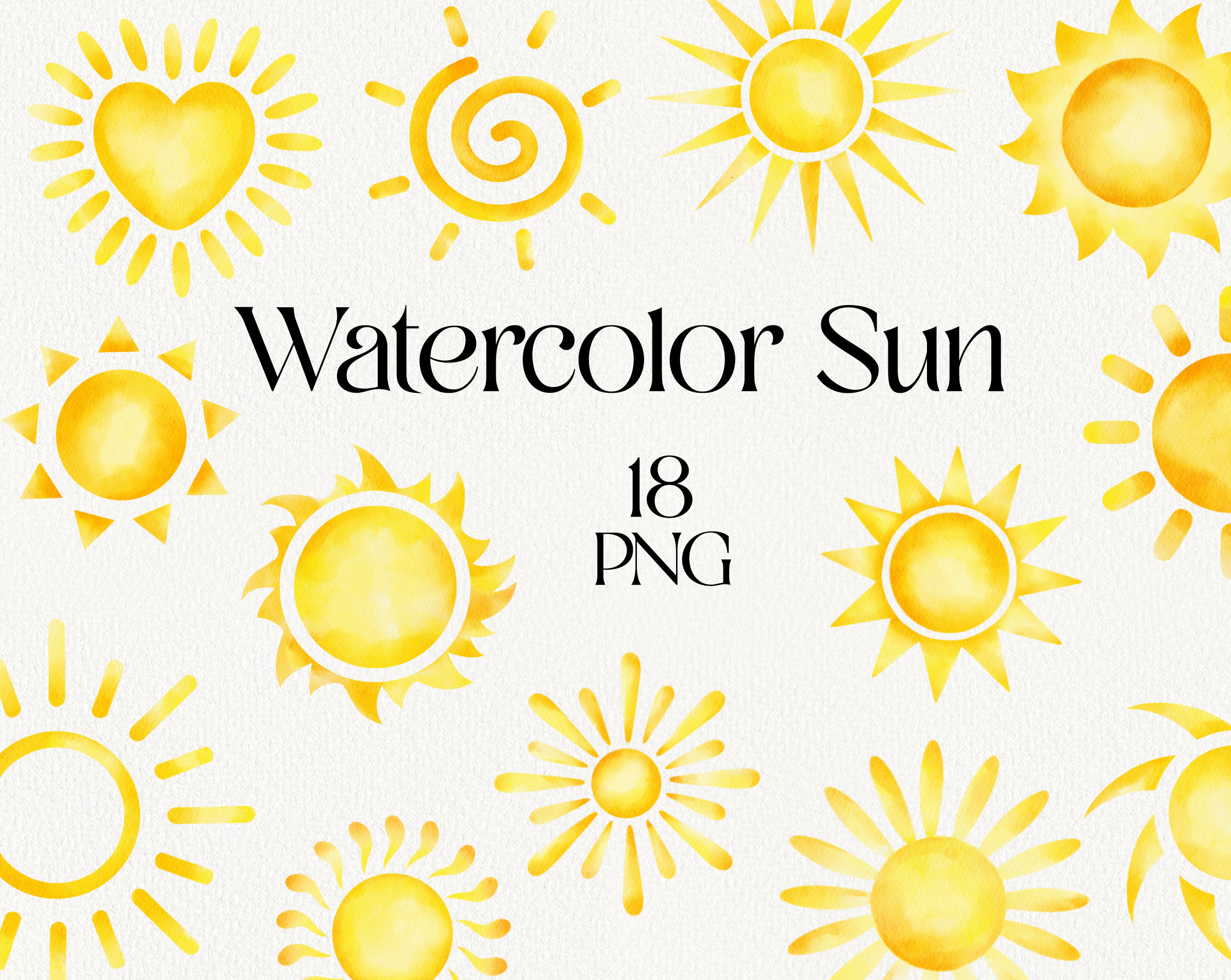 Acuarela Sol Clipart, Sol Amarillo PNG, Clip Art de Verano, Guardería, Decoración de Vacaciones, Invitación, Descarga Instantánea Uso Comercial